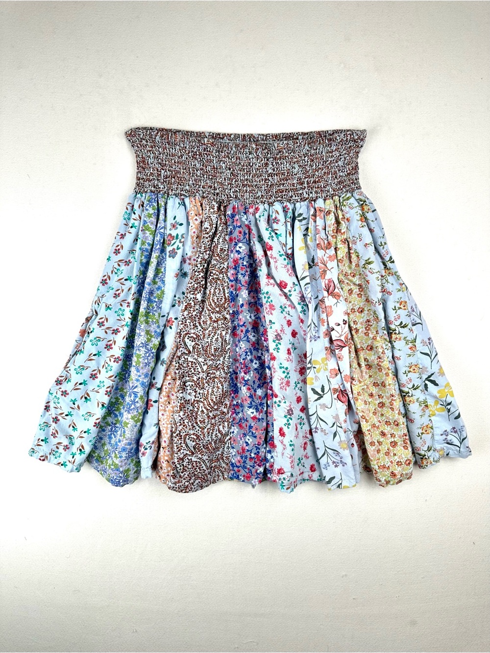 Blue Sky Patchwork Floral Smocked Skirt Cottagecore Boho Hippie